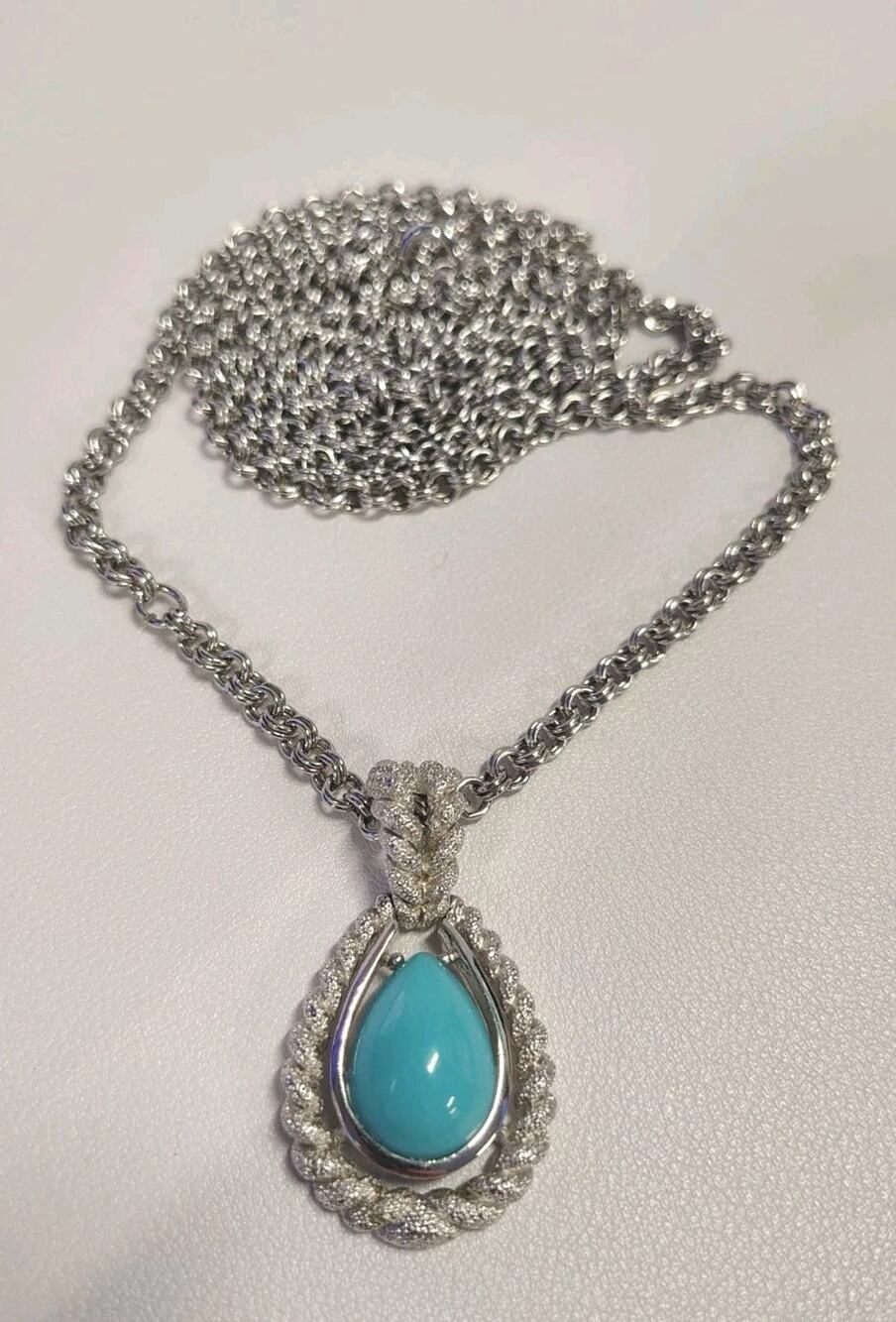Vintage Avon Layered Necklace Blue Cabochon Pendant Silver Tone Rope Chain #87
